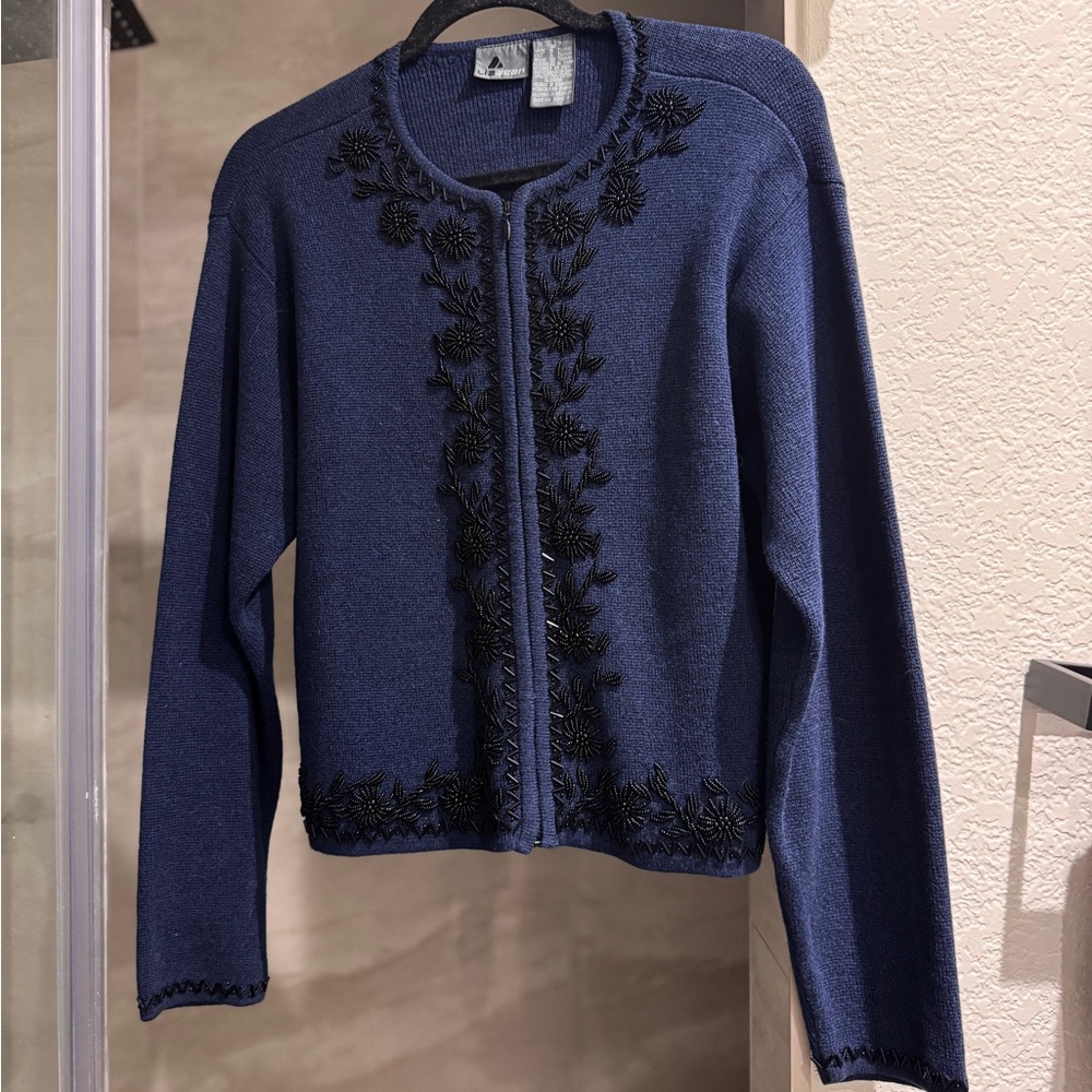 VTG Liz Claiborne Navy Blue & Black Beaded Sweater